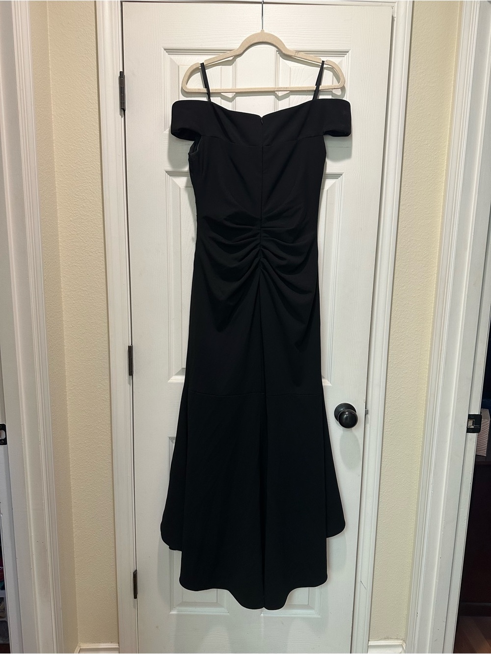 Xscape Off-Shoulder high-low Black Evening Dress with Ruched Bodice NWT